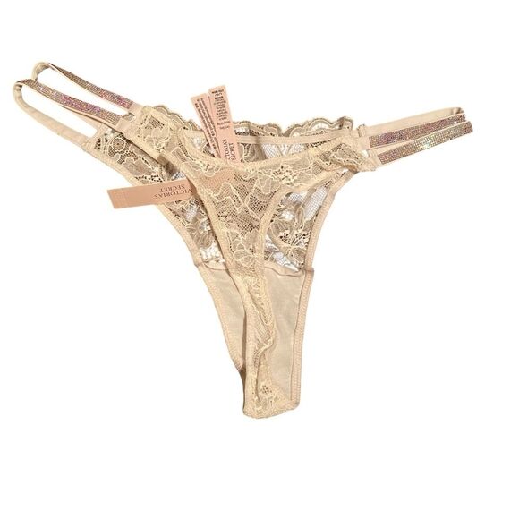 Victoria’s Secret Women’s L Double Shine‎ Rhinestone Strap Lace Thong White New - Picture 8 of 8